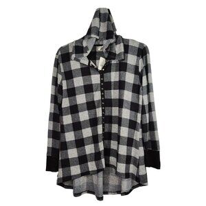 Cato Plaid Snap Front Hooded Black Grey Knit Tunic Top Hi Low Size L NEW w/FLAW